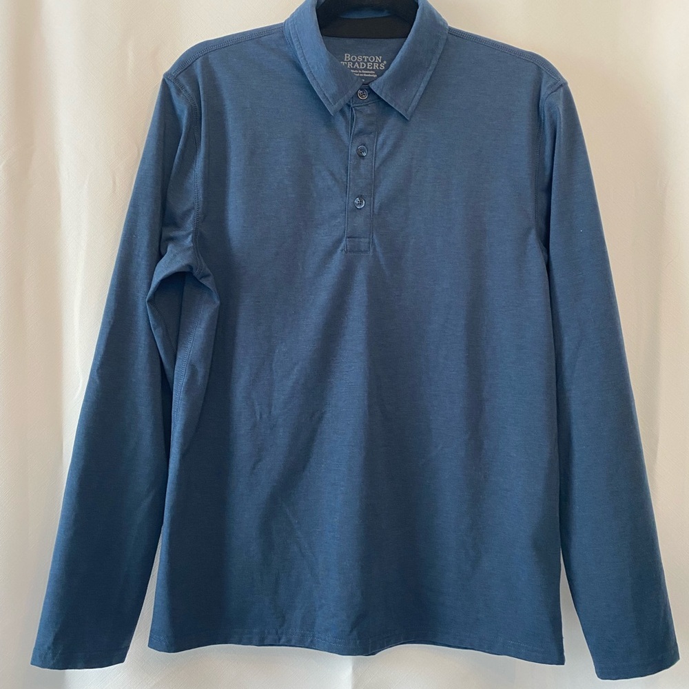 Boston Traders Mens Blue Merino Wool Blend Long Sleeve Polo Shirt Base Layer SM